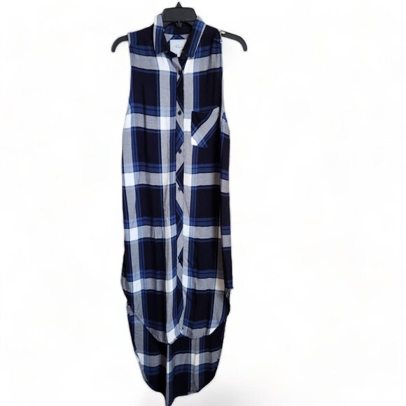 Rails Revolve Jordyn Plaid Long Button Up Shirt Vest Dress Size S Hi-low Blue - Picture 1 of 13